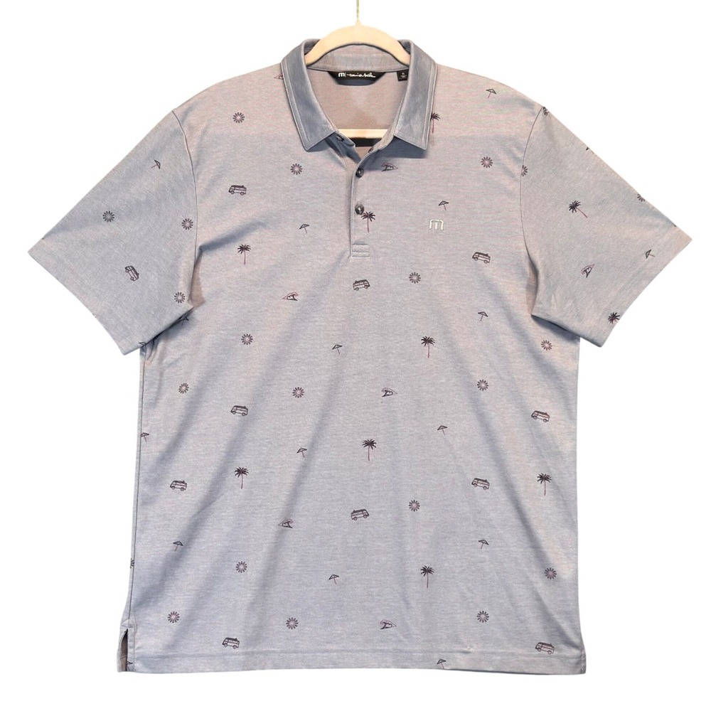 TravisMathew Golf Polo Shirt Mens XL Grey Van Palm Tree Umbrella Sun Pique Blend